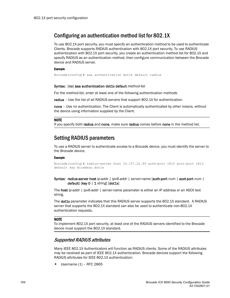 Setting radius parameters, Supported radius attributes | Brocade Communications Systems Brocade ICX 6650 6650 User Manual | Page 184 / 332