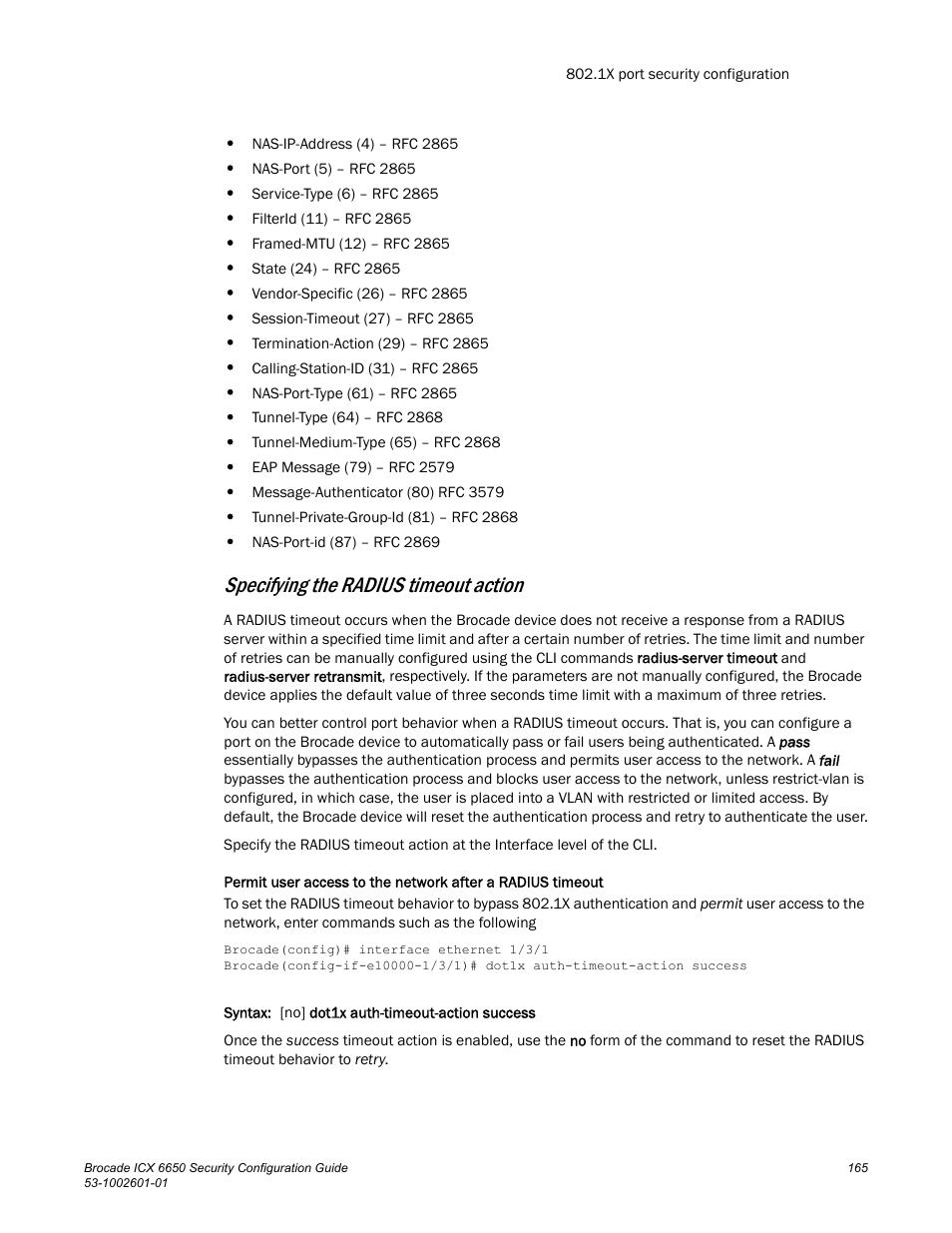 Specifying the radius timeout action | Brocade Communications Systems Brocade ICX 6650 6650 User Manual | Page 185 / 332