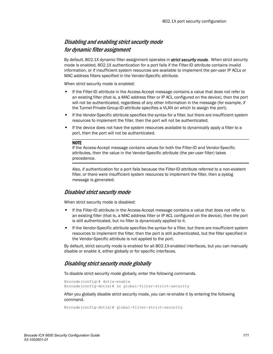 Disabled strict security mode, Disabling strict security mode globally | Brocade Communications Systems Brocade ICX 6650 6650 User Manual | Page 191 / 332