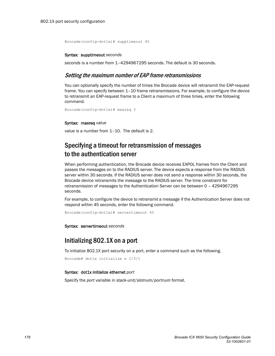 Initializing 802.1x on a port | Brocade Communications Systems Brocade ICX 6650 6650 User Manual | Page 198 / 332