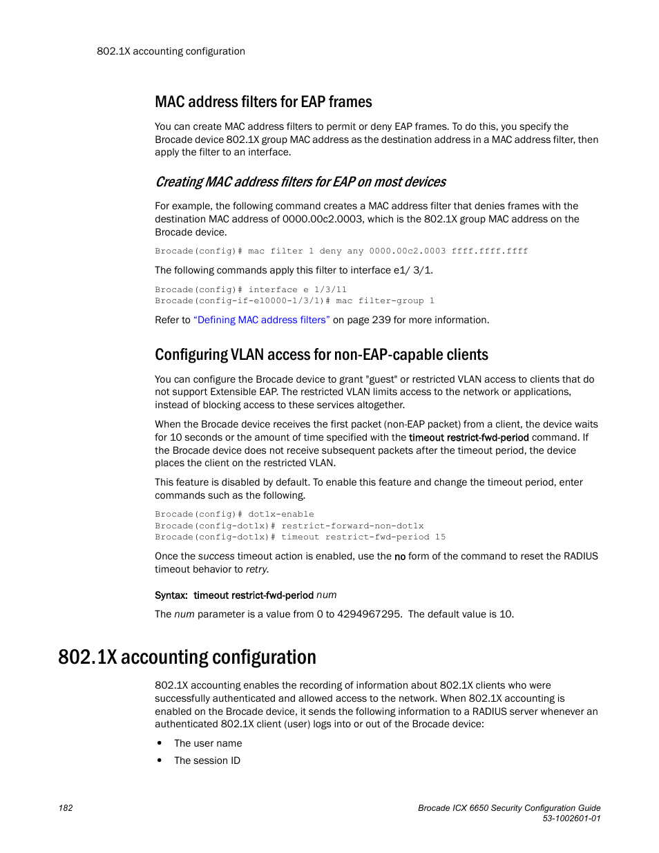 Mac address filters for eap frames, 1x accounting configuration | Brocade Communications Systems Brocade ICX 6650 6650 User Manual | Page 202 / 332