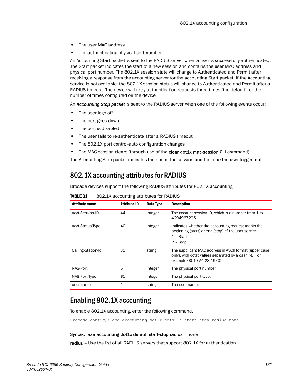 1x accounting attributes for radius, Enabling 802.1x accounting | Brocade Communications Systems Brocade ICX 6650 6650 User Manual | Page 203 / 332