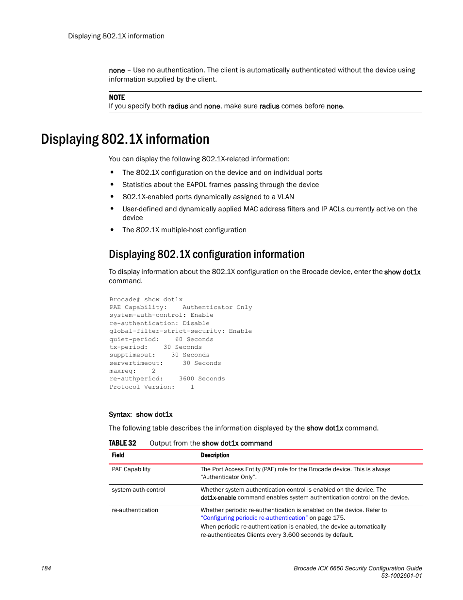 Displaying 802.1x information, Displaying 802.1x configuration information | Brocade Communications Systems Brocade ICX 6650 6650 User Manual | Page 204 / 332