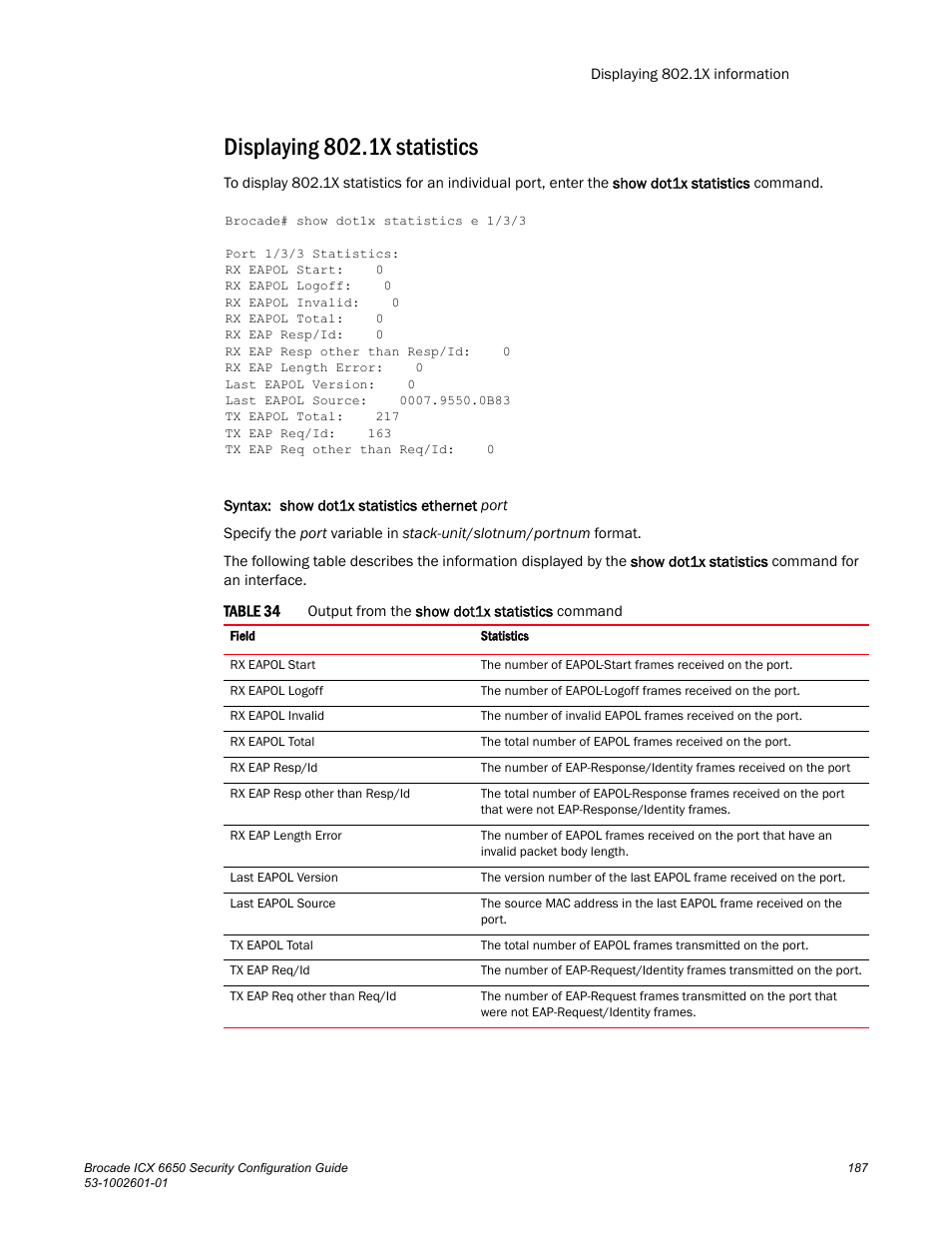 Displaying 802.1x statistics | Brocade Communications Systems Brocade ICX 6650 6650 User Manual | Page 207 / 332
