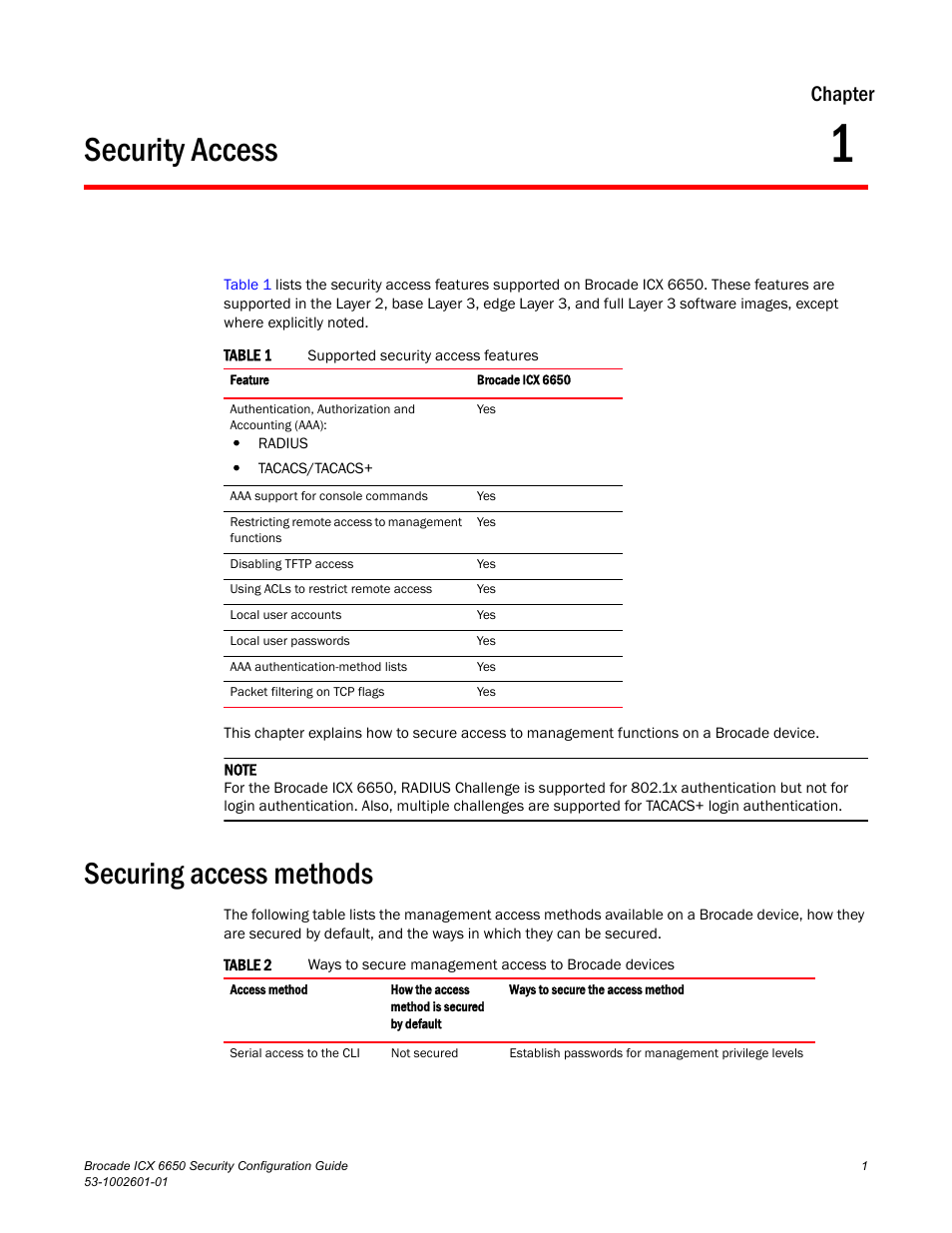 Security access, Securing access methods, Chapter 1 | Chapter | Brocade Communications Systems Brocade ICX 6650 6650 User Manual | Page 21 / 332