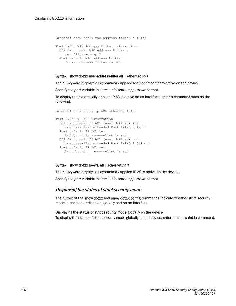 Displaying the status of strict security mode | Brocade Communications Systems Brocade ICX 6650 6650 User Manual | Page 210 / 332