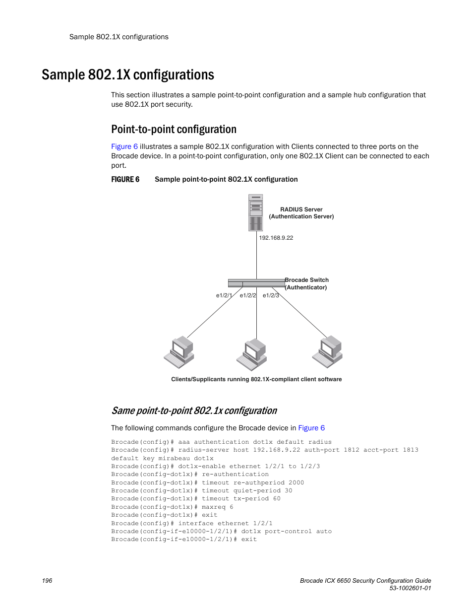 Sample 802.1x configurations, Point-to-point configuration, Same point-to-point 802.1x configuration | Brocade Communications Systems Brocade ICX 6650 6650 User Manual | Page 216 / 332