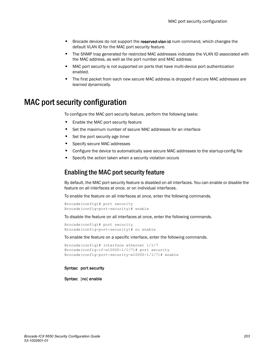 Mac port security configuration, Enabling the mac port security feature | Brocade Communications Systems Brocade ICX 6650 6650 User Manual | Page 223 / 332