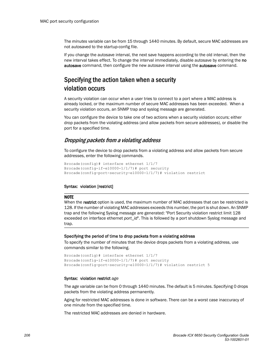 Dropping packets from a violating address | Brocade Communications Systems Brocade ICX 6650 6650 User Manual | Page 226 / 332