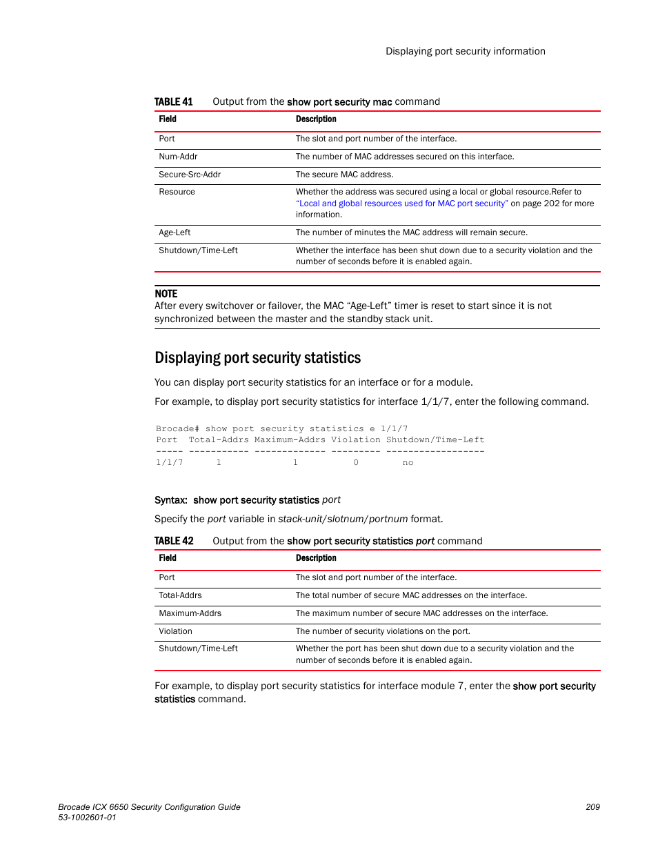 Displaying port security statistics | Brocade Communications Systems Brocade ICX 6650 6650 User Manual | Page 229 / 332