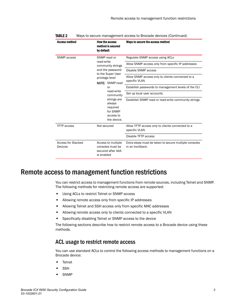 Remote access to management function restrictions, Acl usage to restrict remote access | Brocade Communications Systems Brocade ICX 6650 6650 User Manual | Page 23 / 332