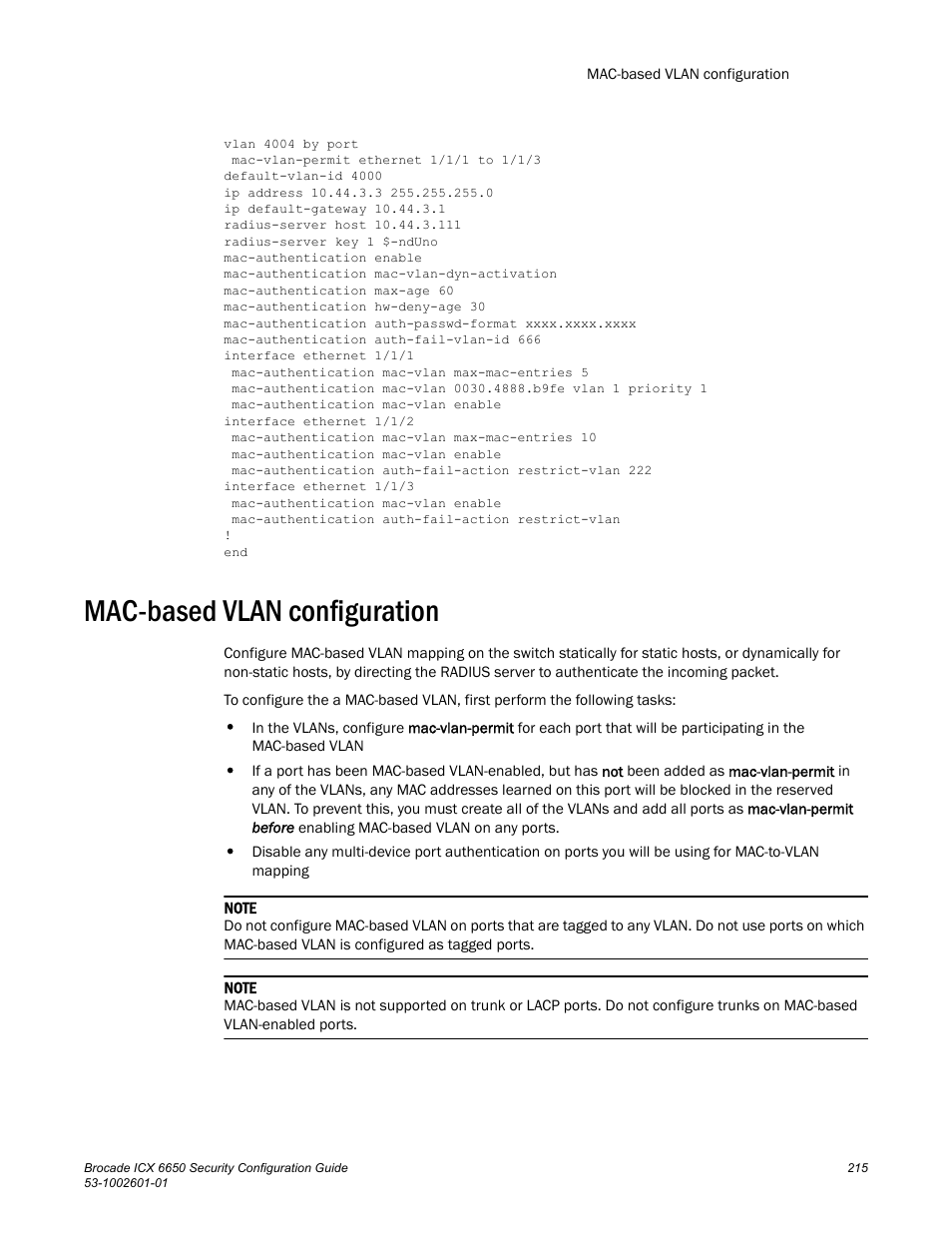 Mac-based vlan configuration | Brocade Communications Systems Brocade ICX 6650 6650 User Manual | Page 235 / 332