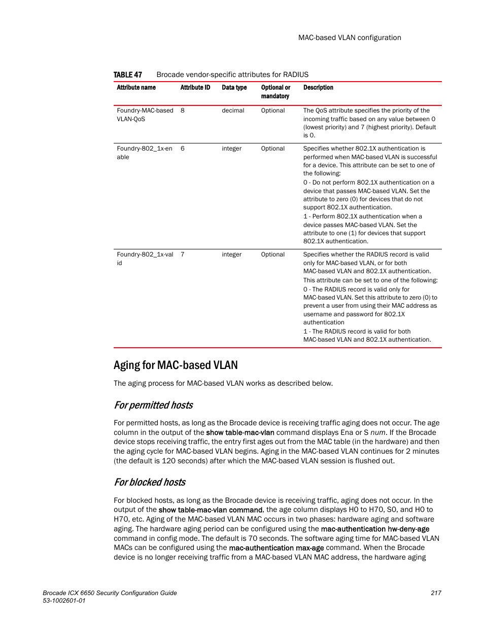 Aging for mac-based vlan, Table 47, For permitted hosts | For blocked hosts | Brocade Communications Systems Brocade ICX 6650 6650 User Manual | Page 237 / 332
