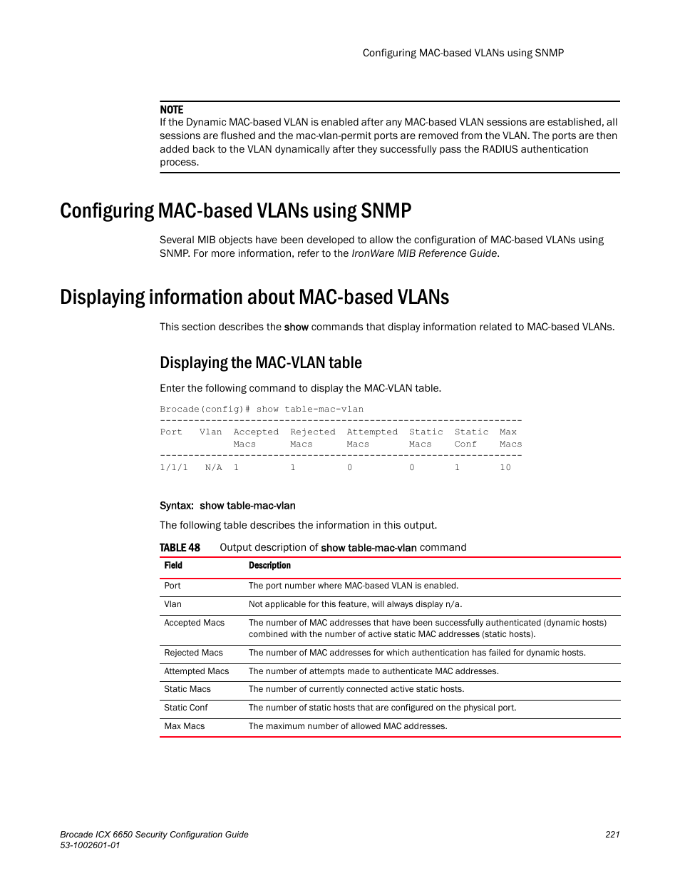 Configuring mac-based vlans using snmp, Displaying information about mac-based vlans, Displaying the mac-vlan table | Brocade Communications Systems Brocade ICX 6650 6650 User Manual | Page 241 / 332