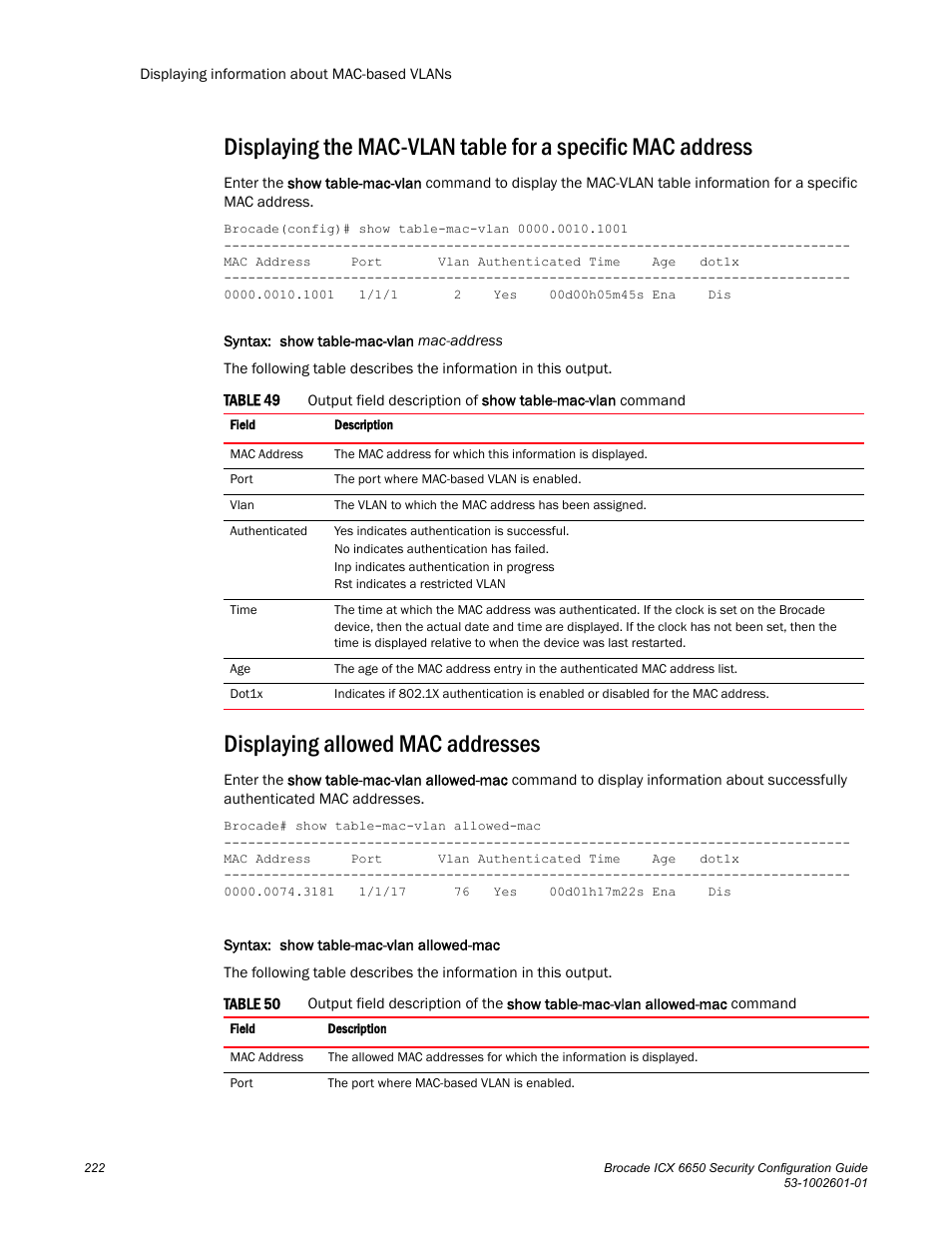 Displaying allowed mac addresses | Brocade Communications Systems Brocade ICX 6650 6650 User Manual | Page 242 / 332