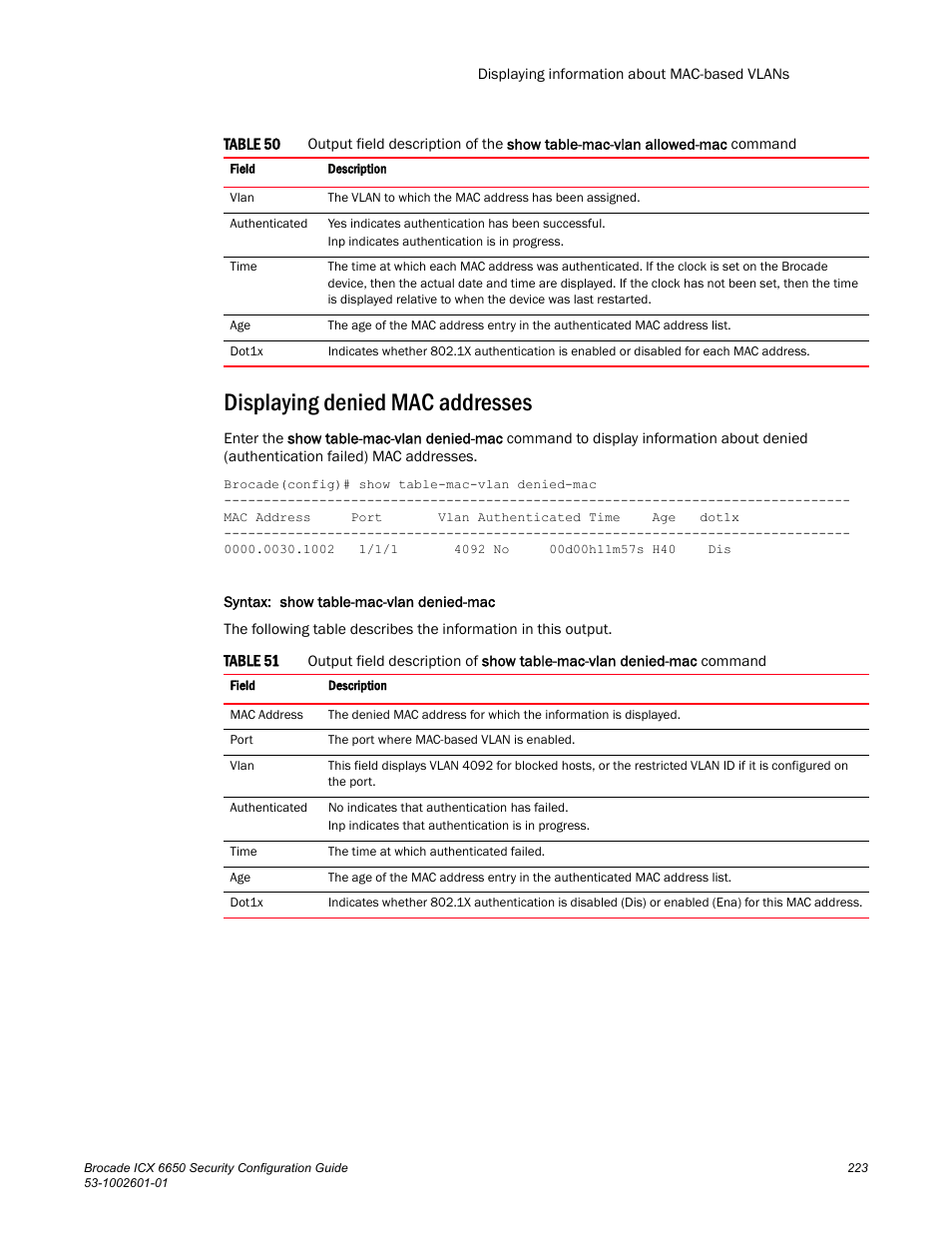 Displaying denied mac addresses | Brocade Communications Systems Brocade ICX 6650 6650 User Manual | Page 243 / 332