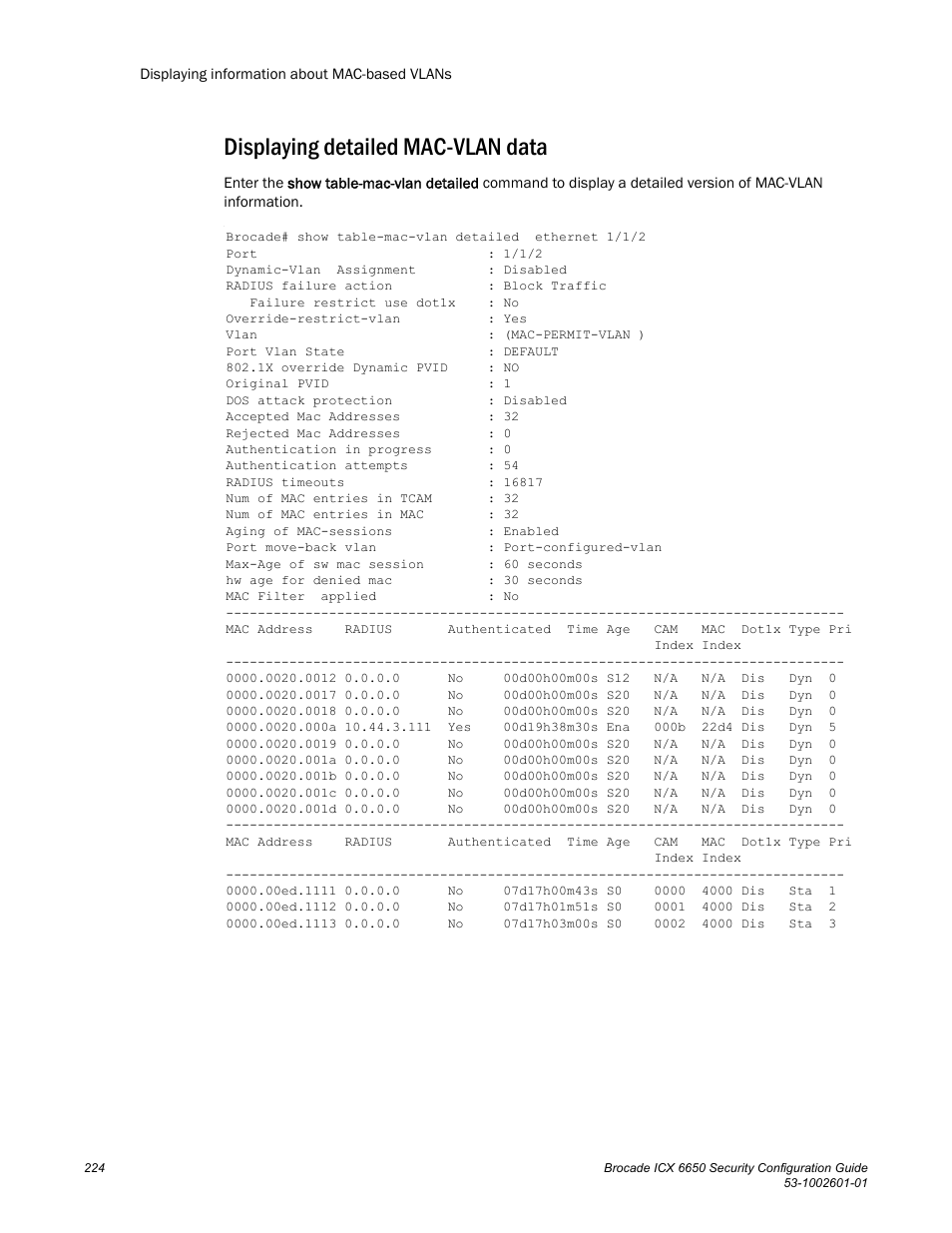 Displaying detailed mac-vlan data | Brocade Communications Systems Brocade ICX 6650 6650 User Manual | Page 244 / 332