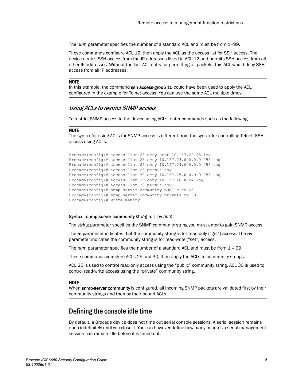 Defining the console idle time, Using acls to restrict snmp access | Brocade Communications Systems Brocade ICX 6650 6650 User Manual | Page 25 / 332