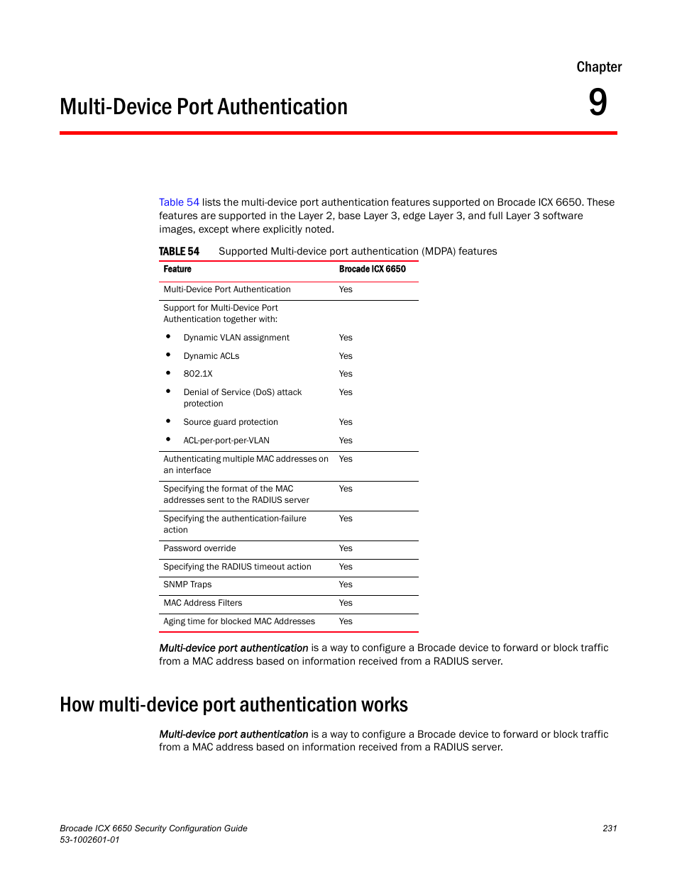 Multi-device port authentication, How multi-device port authentication works, Chapter 9 | Chapter | Brocade Communications Systems Brocade ICX 6650 6650 User Manual | Page 251 / 332