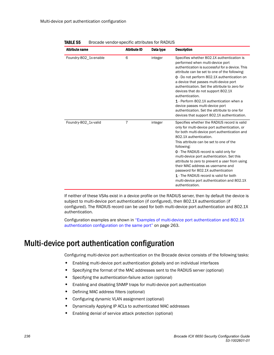 Multi-device port authentication configuration, Table 55 | Brocade Communications Systems Brocade ICX 6650 6650 User Manual | Page 256 / 332