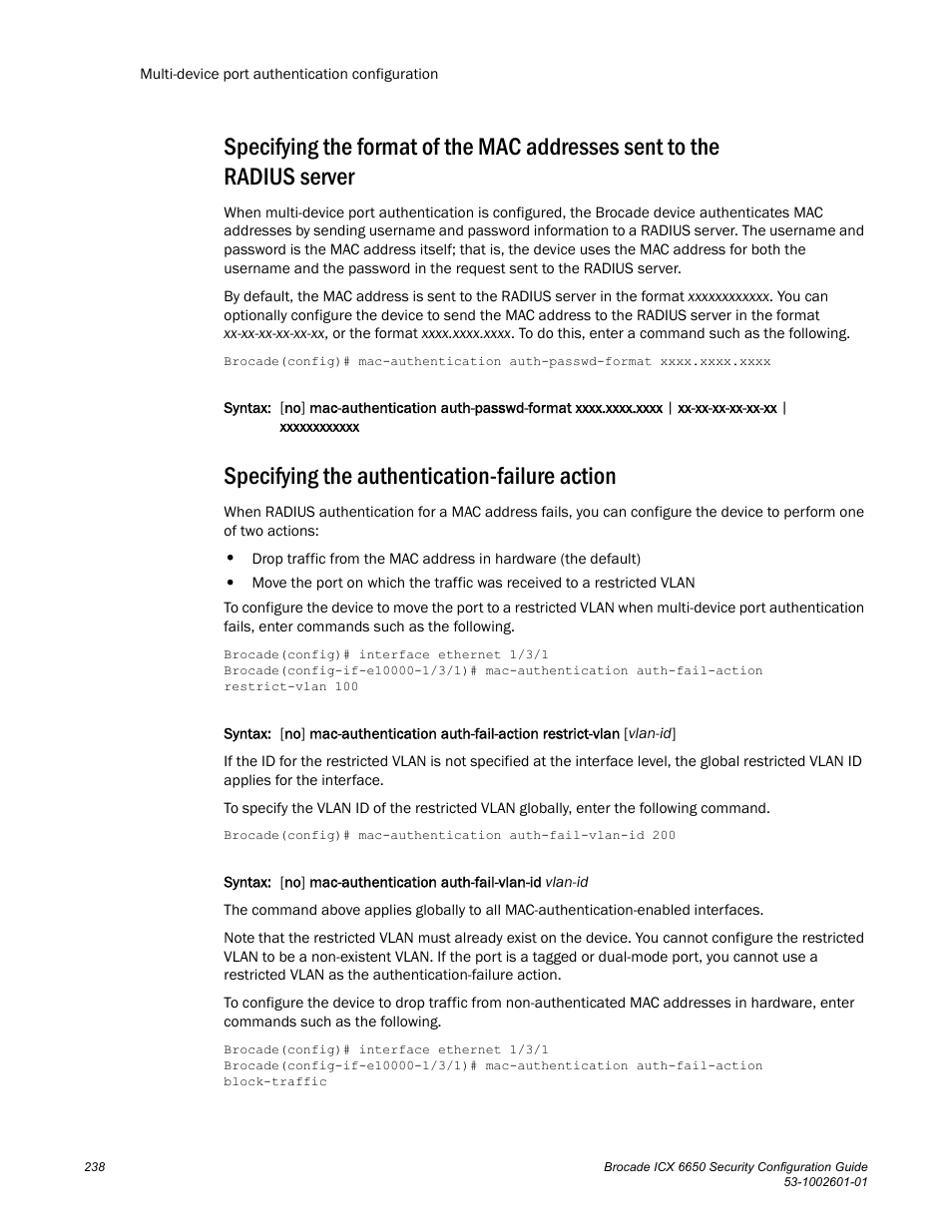 Specifying the authentication-failure action | Brocade Communications Systems Brocade ICX 6650 6650 User Manual | Page 258 / 332