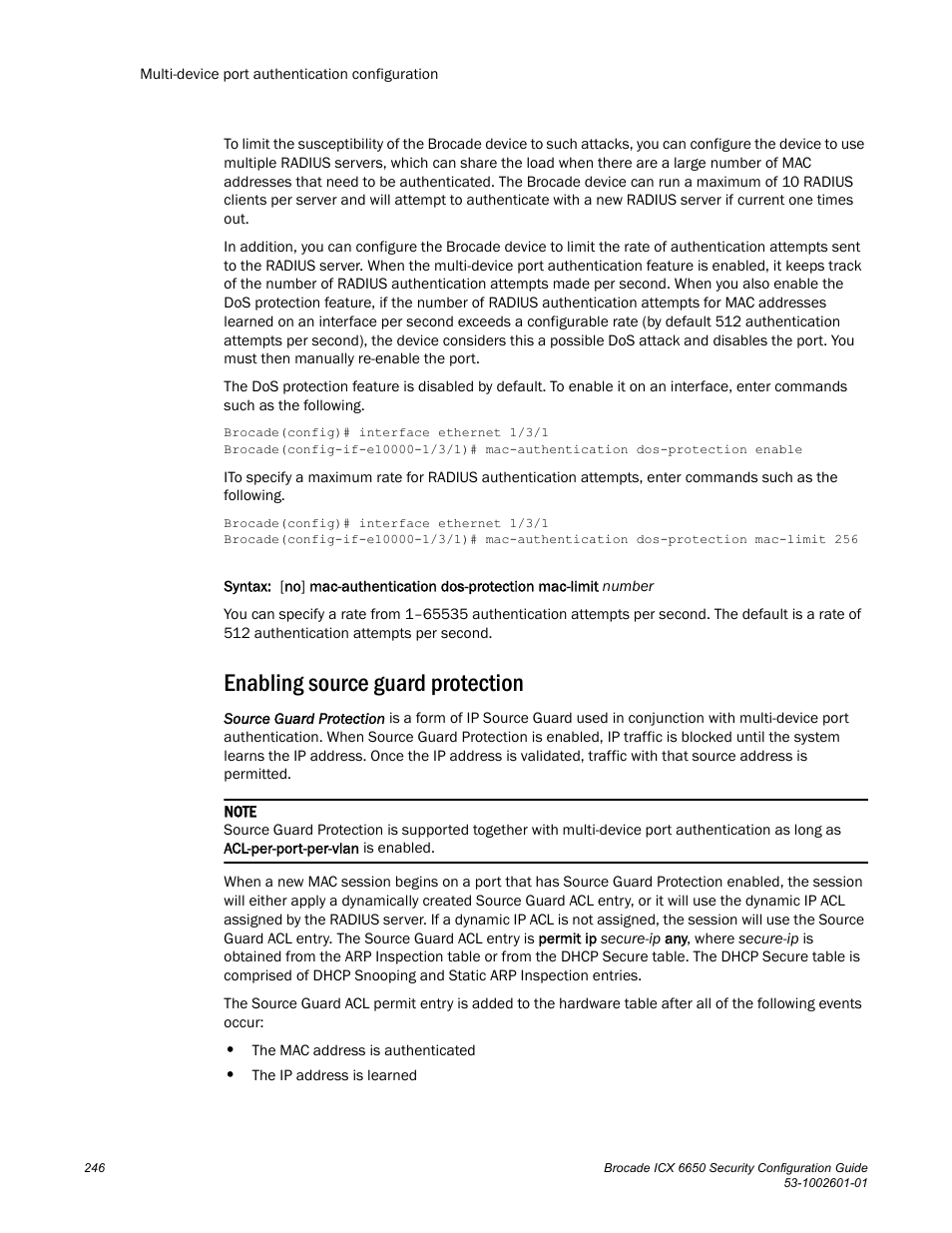 Enabling source guard protection, Enabling source guard, Protection | Brocade Communications Systems Brocade ICX 6650 6650 User Manual | Page 266 / 332