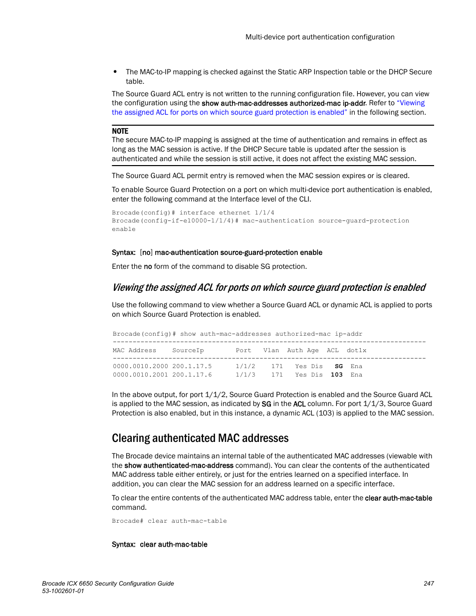 Clearing authenticated mac addresses | Brocade Communications Systems Brocade ICX 6650 6650 User Manual | Page 267 / 332