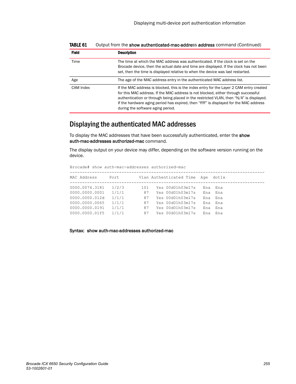 Displaying the authenticated mac addresses | Brocade Communications Systems Brocade ICX 6650 6650 User Manual | Page 275 / 332