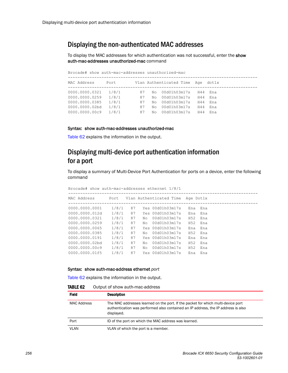 Displaying the non-authenticated mac addresses | Brocade Communications Systems Brocade ICX 6650 6650 User Manual | Page 276 / 332