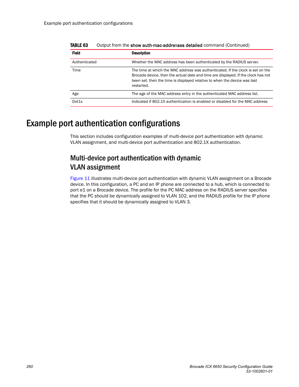 Example port authentication configurations, Ation of, Multi-device port authentication with dynamic vlan | Assignment | Brocade Communications Systems Brocade ICX 6650 6650 User Manual | Page 280 / 332