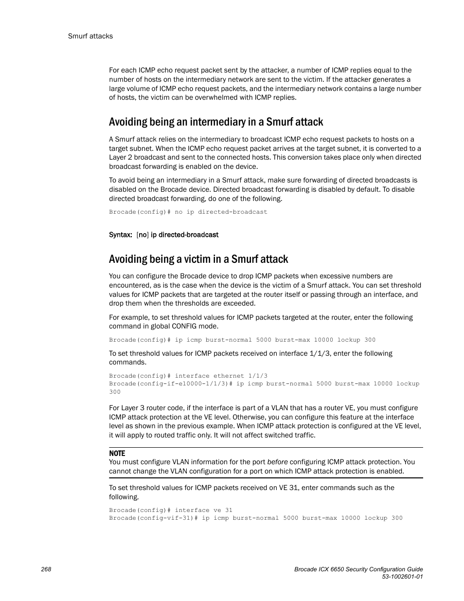 Avoiding being an intermediary in a smurf attack, Avoiding being a victim in a smurf attack | Brocade Communications Systems Brocade ICX 6650 6650 User Manual | Page 288 / 332