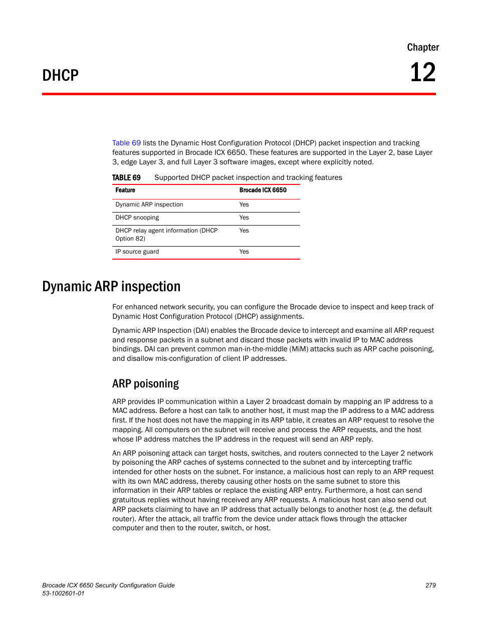 Dhcp, Dynamic arp inspection, Arp poisoning | Chapter 12, Chapter | Brocade Communications Systems Brocade ICX 6650 6650 User Manual | Page 299 / 332