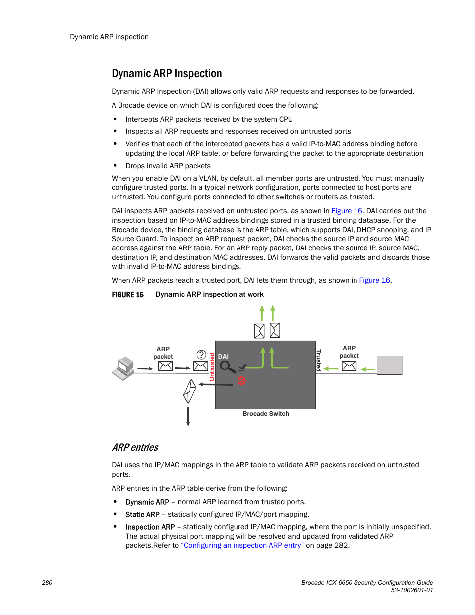 Dynamic arp inspection, Arp entries | Brocade Communications Systems Brocade ICX 6650 6650 User Manual | Page 300 / 332