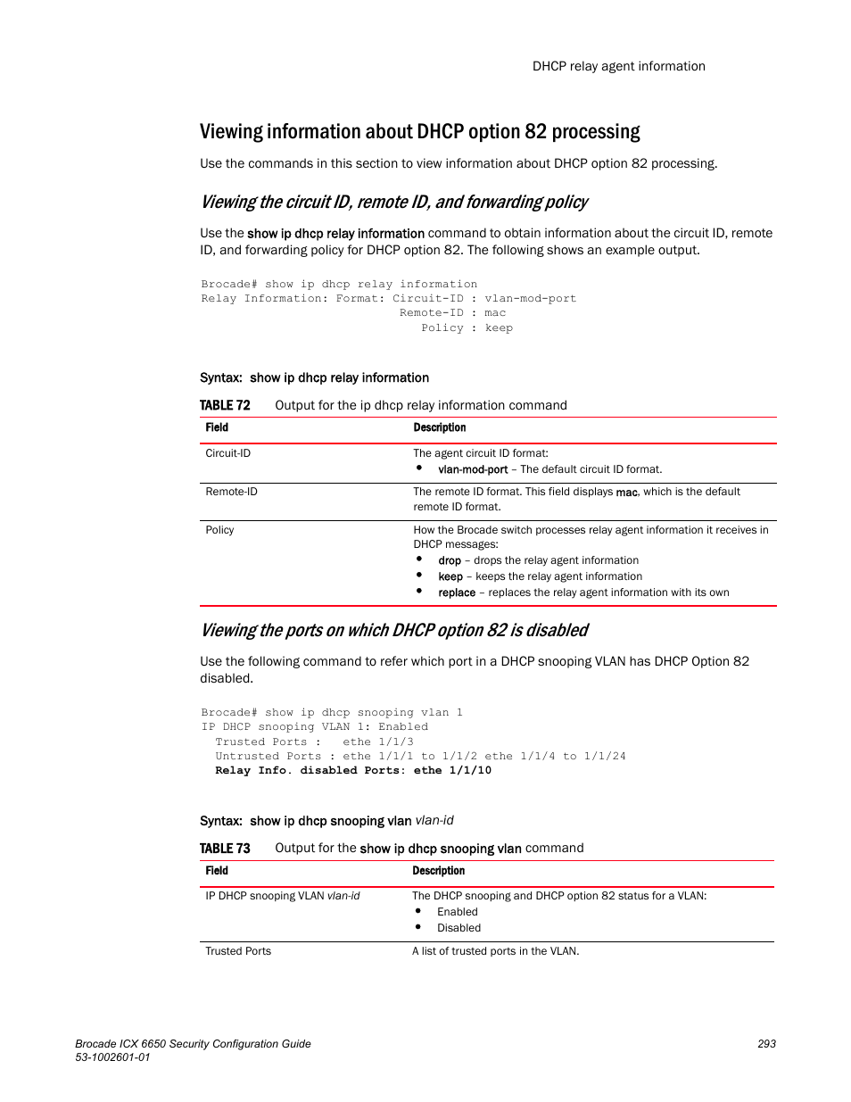 Viewing the ports on which dhcp option 82, Is disabled | Brocade Communications Systems Brocade ICX 6650 6650 User Manual | Page 313 / 332