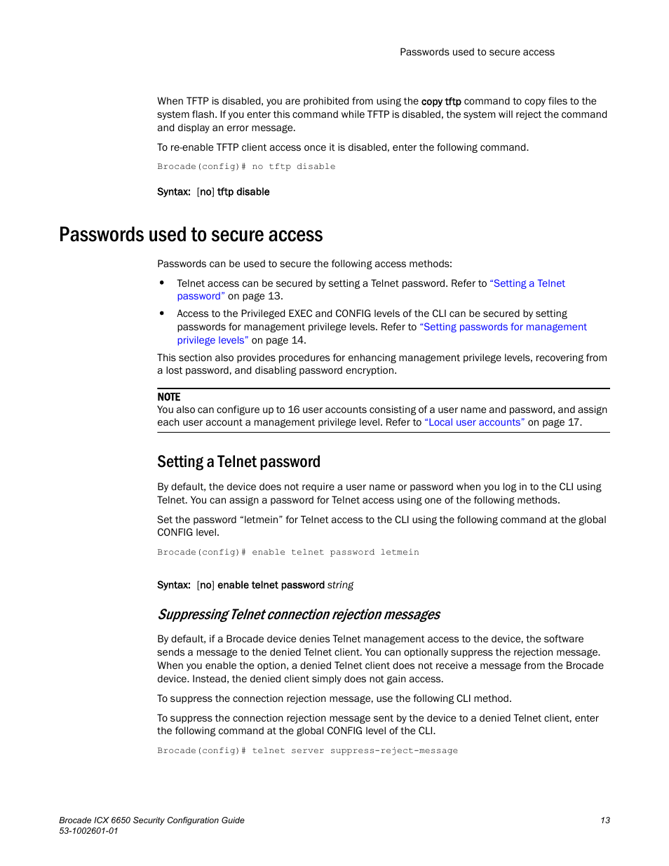 Passwords used to secure access, Setting a telnet password, Suppressing telnet connection rejection messages | Brocade Communications Systems Brocade ICX 6650 6650 User Manual | Page 33 / 332