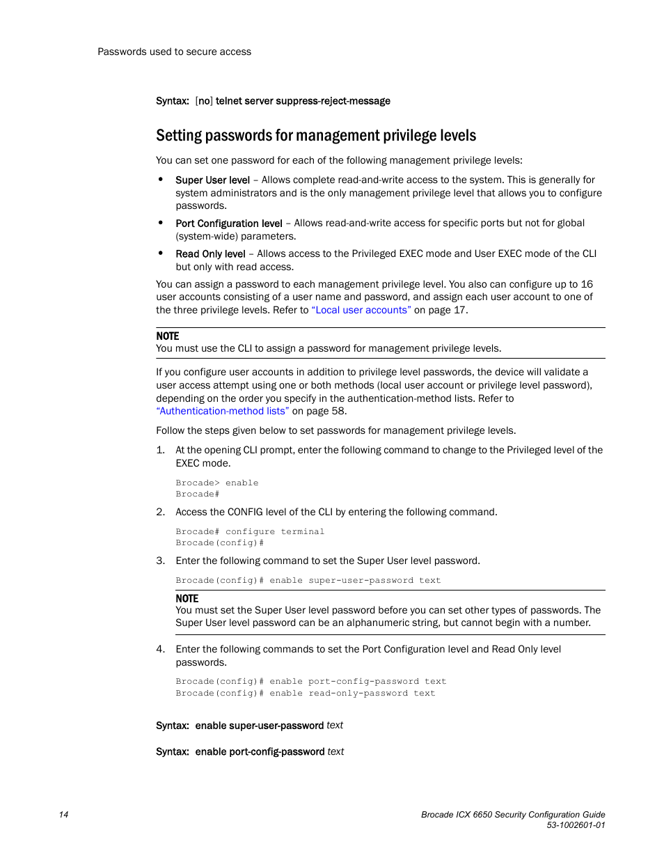 Setting passwords for management privilege levels, Setting passwords for management, Privilege levels | Brocade Communications Systems Brocade ICX 6650 6650 User Manual | Page 34 / 332