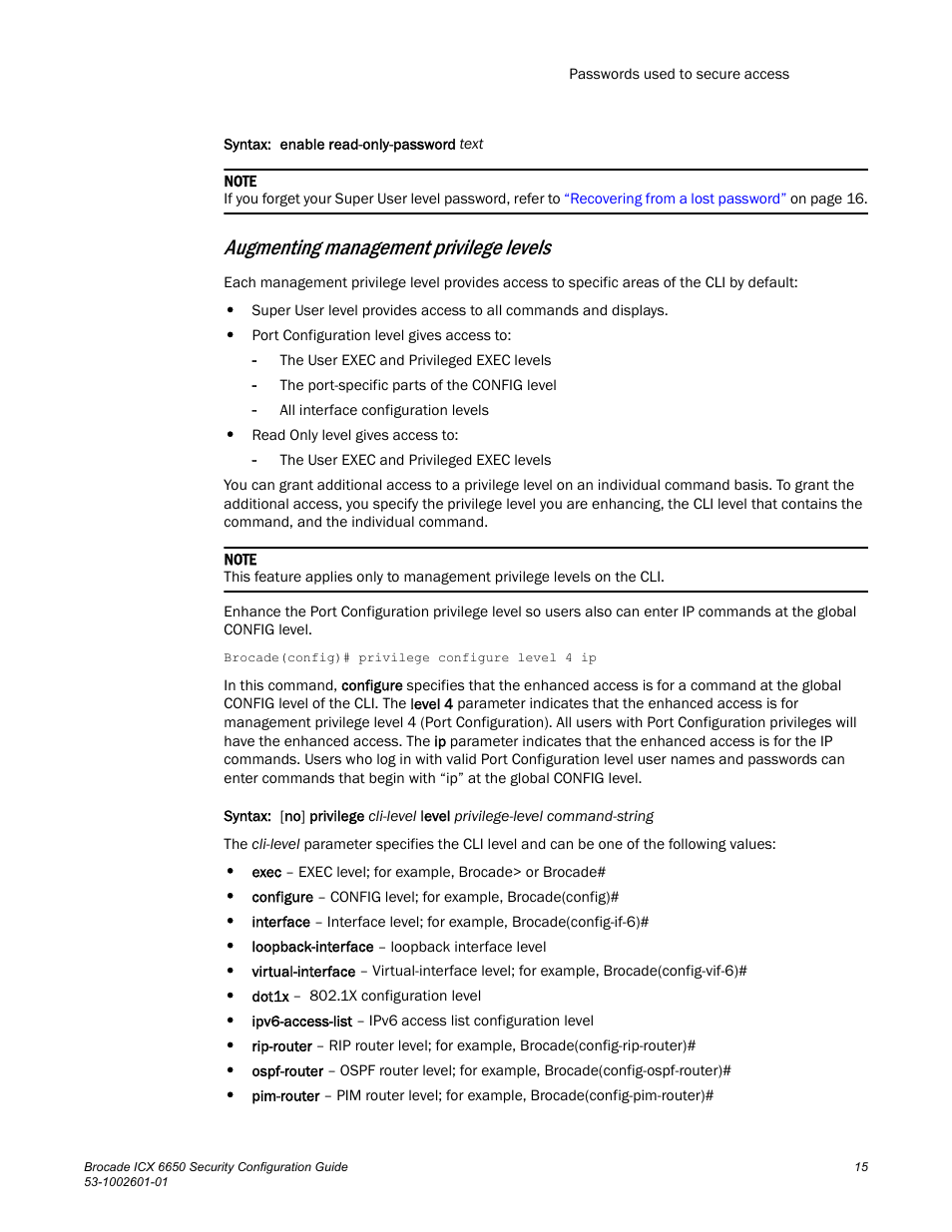 Augmenting management privilege levels | Brocade Communications Systems Brocade ICX 6650 6650 User Manual | Page 35 / 332