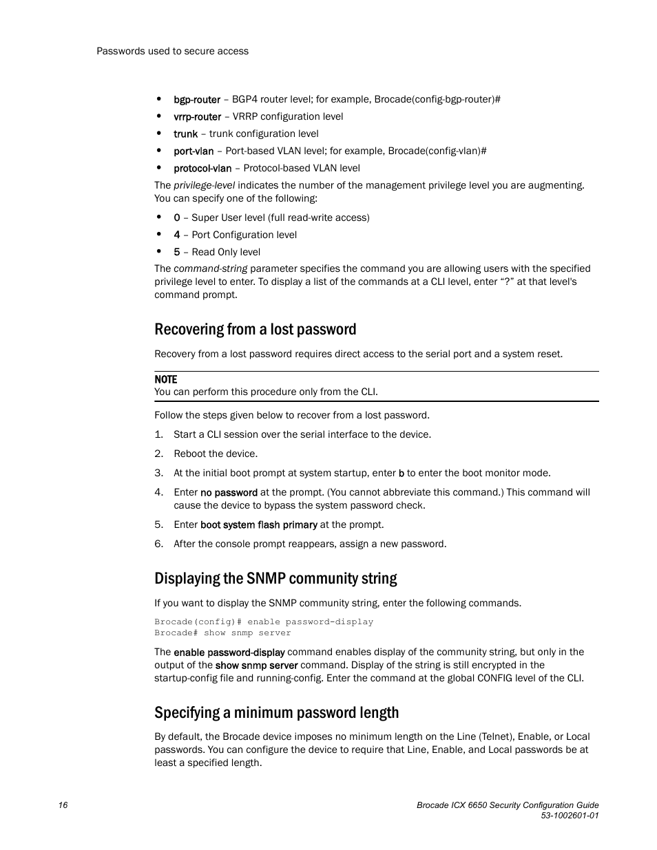 Recovering from a lost password, Displaying the snmp community string, Specifying a minimum password length | Brocade Communications Systems Brocade ICX 6650 6650 User Manual | Page 36 / 332
