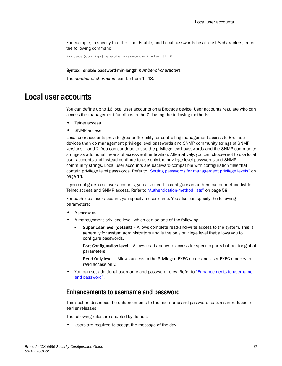 Local user accounts, Enhancements to username and password | Brocade Communications Systems Brocade ICX 6650 6650 User Manual | Page 37 / 332