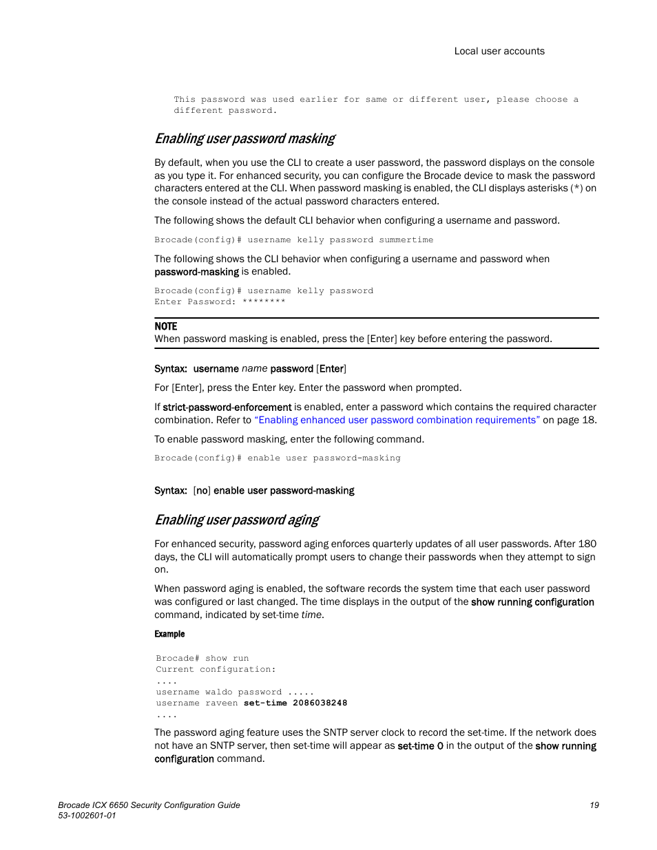 Enabling user password masking, Enabling user password aging | Brocade Communications Systems Brocade ICX 6650 6650 User Manual | Page 39 / 332