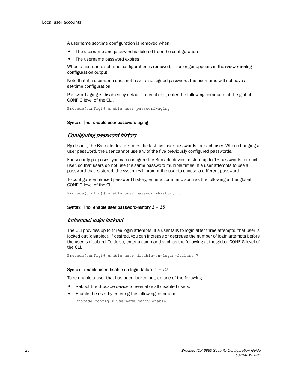 Configuring password history, Enhanced login lockout | Brocade Communications Systems Brocade ICX 6650 6650 User Manual | Page 40 / 332