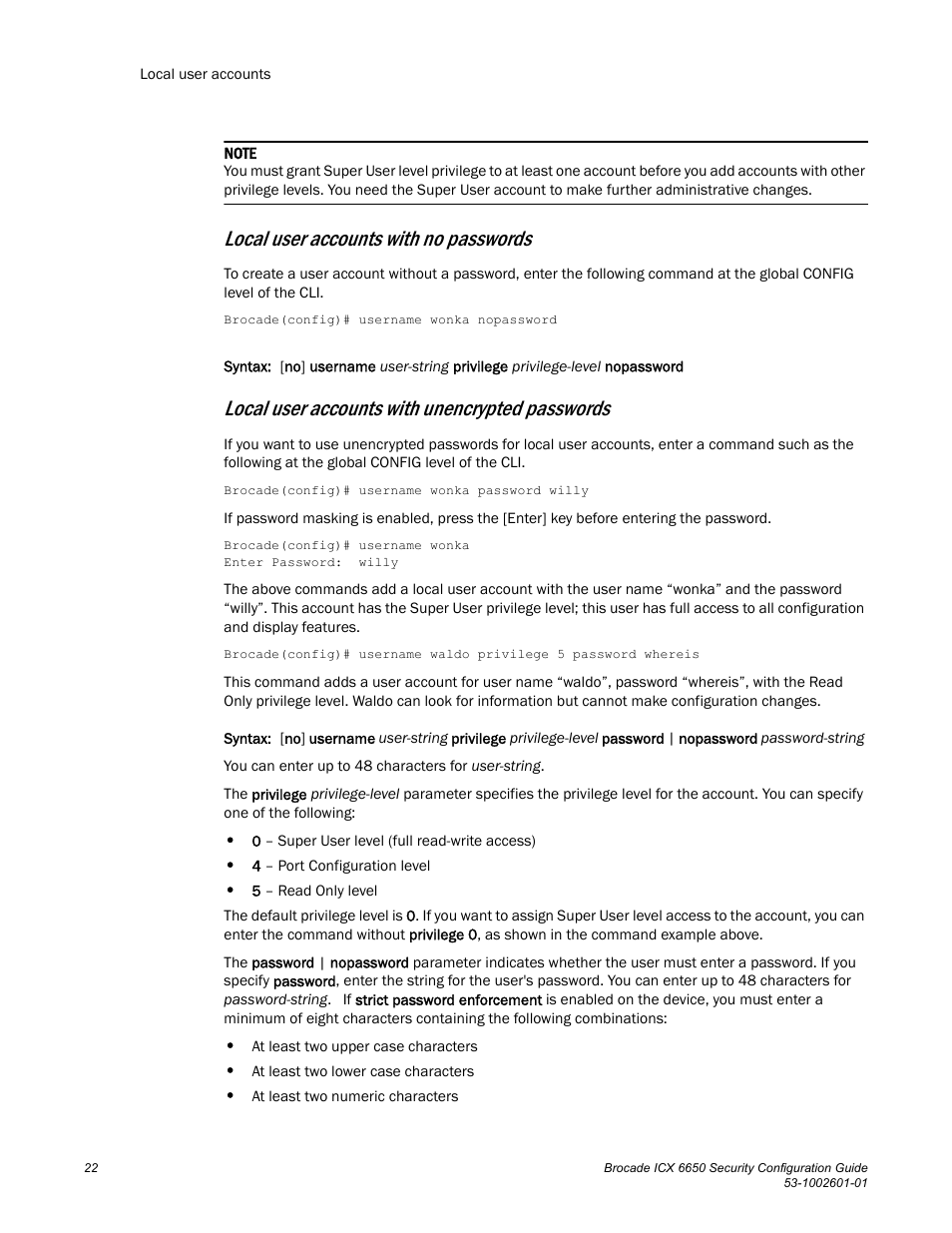 Local user accounts with no passwords, Local user accounts with unencrypted passwords | Brocade Communications Systems Brocade ICX 6650 6650 User Manual | Page 42 / 332