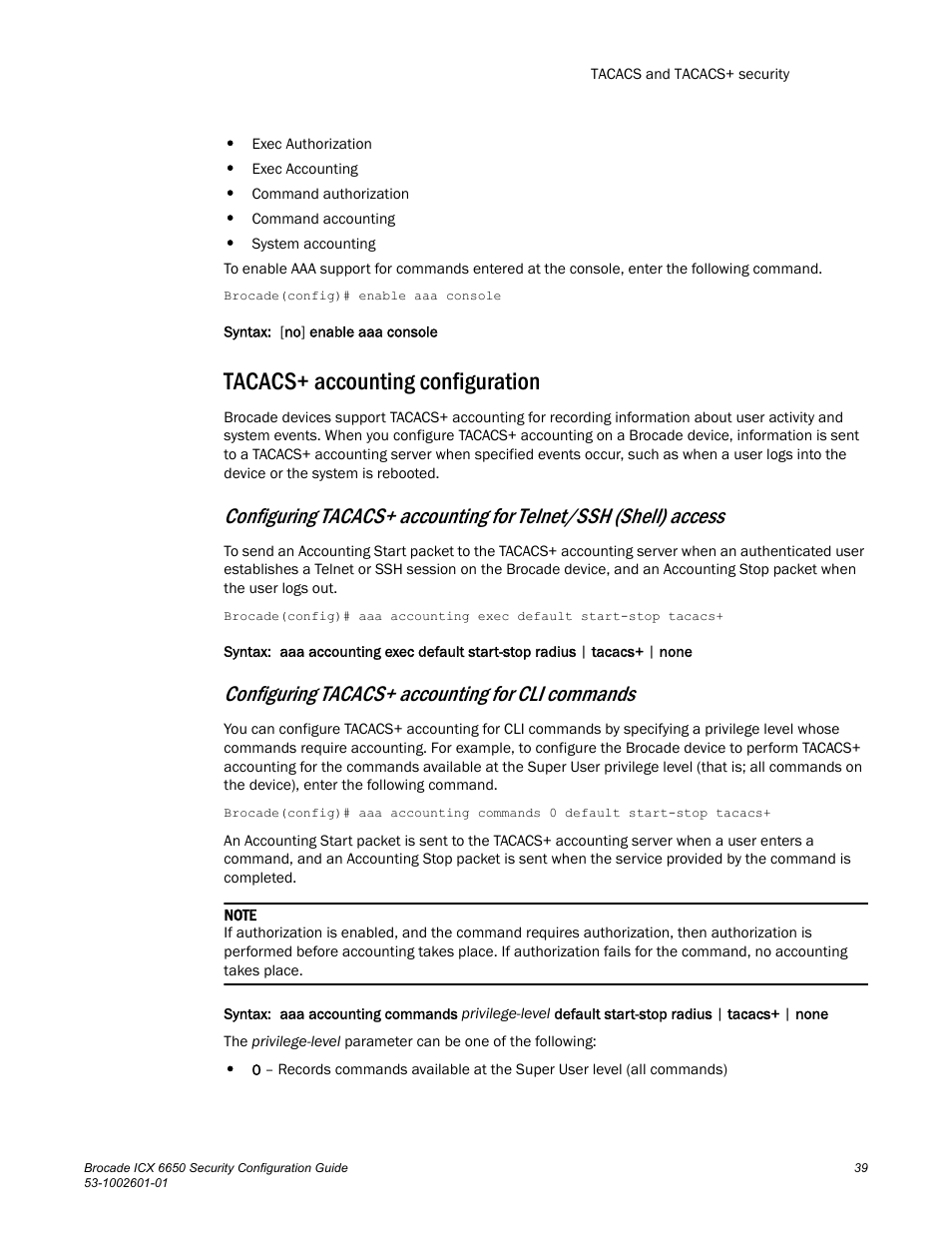 Tacacs+ accounting configuration, Configuring tacacs+ accounting for cli commands | Brocade Communications Systems Brocade ICX 6650 6650 User Manual | Page 59 / 332