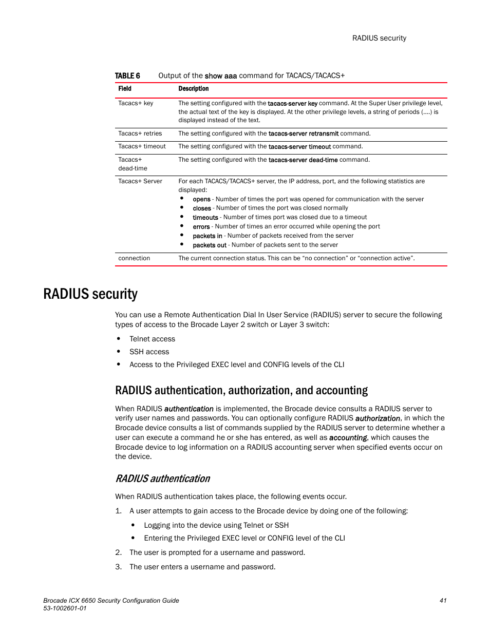 Radius security, Radius authentication | Brocade Communications Systems Brocade ICX 6650 6650 User Manual | Page 61 / 332