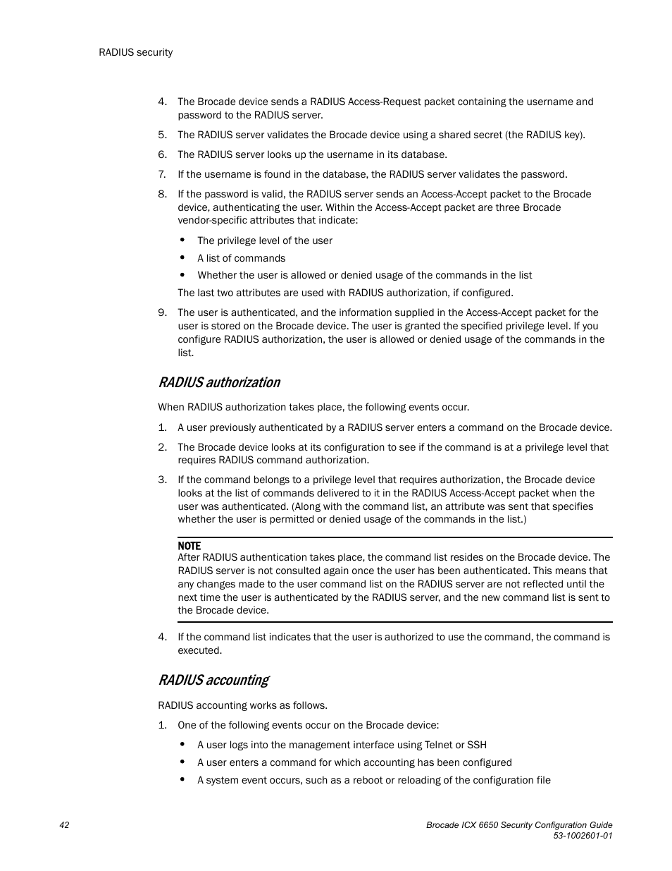 Radius authorization, Radius accounting | Brocade Communications Systems Brocade ICX 6650 6650 User Manual | Page 62 / 332
