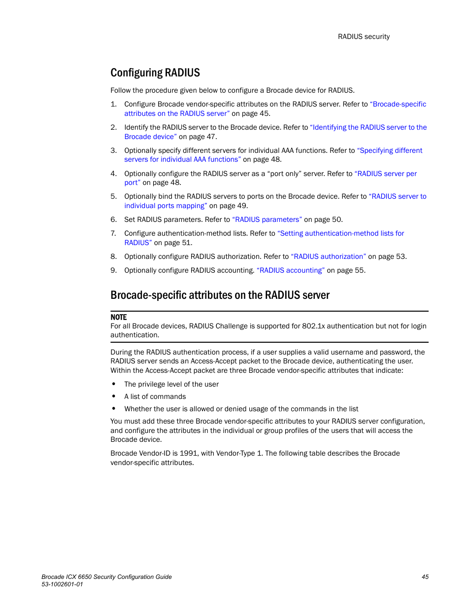 Configuring radius, Brocade-specific attributes on the radius server | Brocade Communications Systems Brocade ICX 6650 6650 User Manual | Page 65 / 332