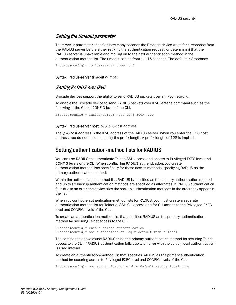 Setting authentication-method lists for radius, Setting authentication-method lists for, Radius | Setting the timeout parameter, Setting radius over ipv6 | Brocade Communications Systems Brocade ICX 6650 6650 User Manual | Page 71 / 332