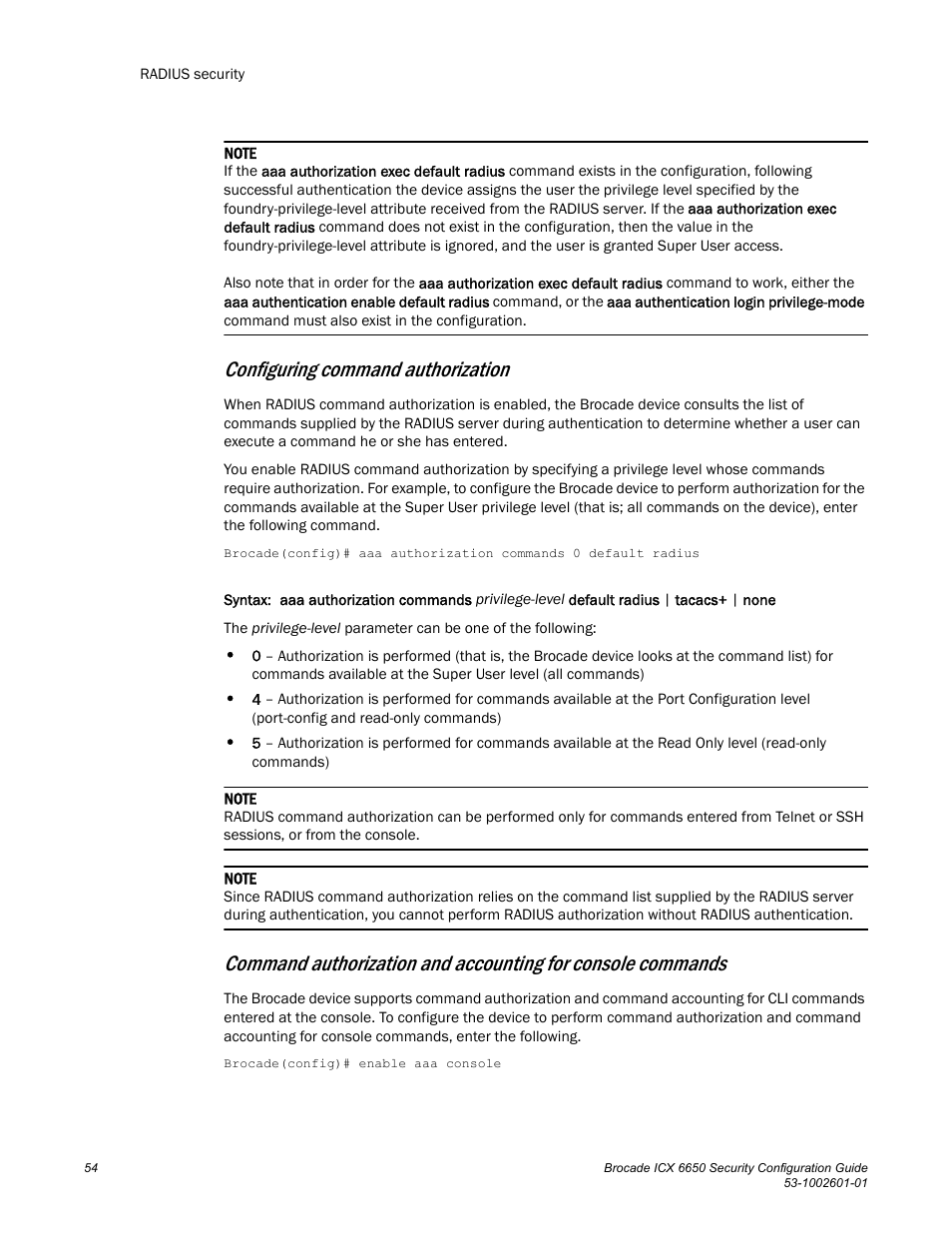 Configuring command authorization | Brocade Communications Systems Brocade ICX 6650 6650 User Manual | Page 74 / 332