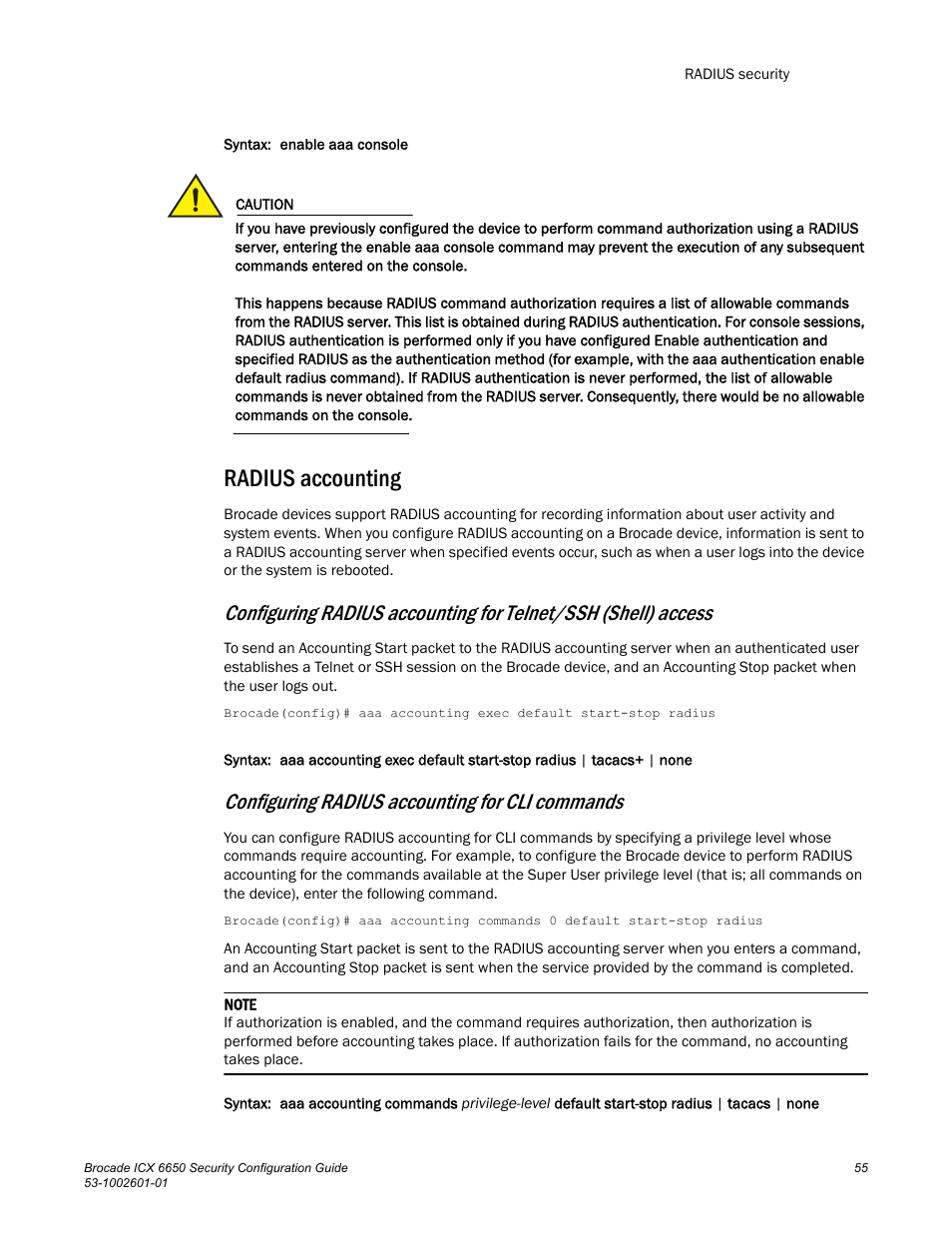 Radius accounting, Configuring radius accounting for cli commands | Brocade Communications Systems Brocade ICX 6650 6650 User Manual | Page 75 / 332