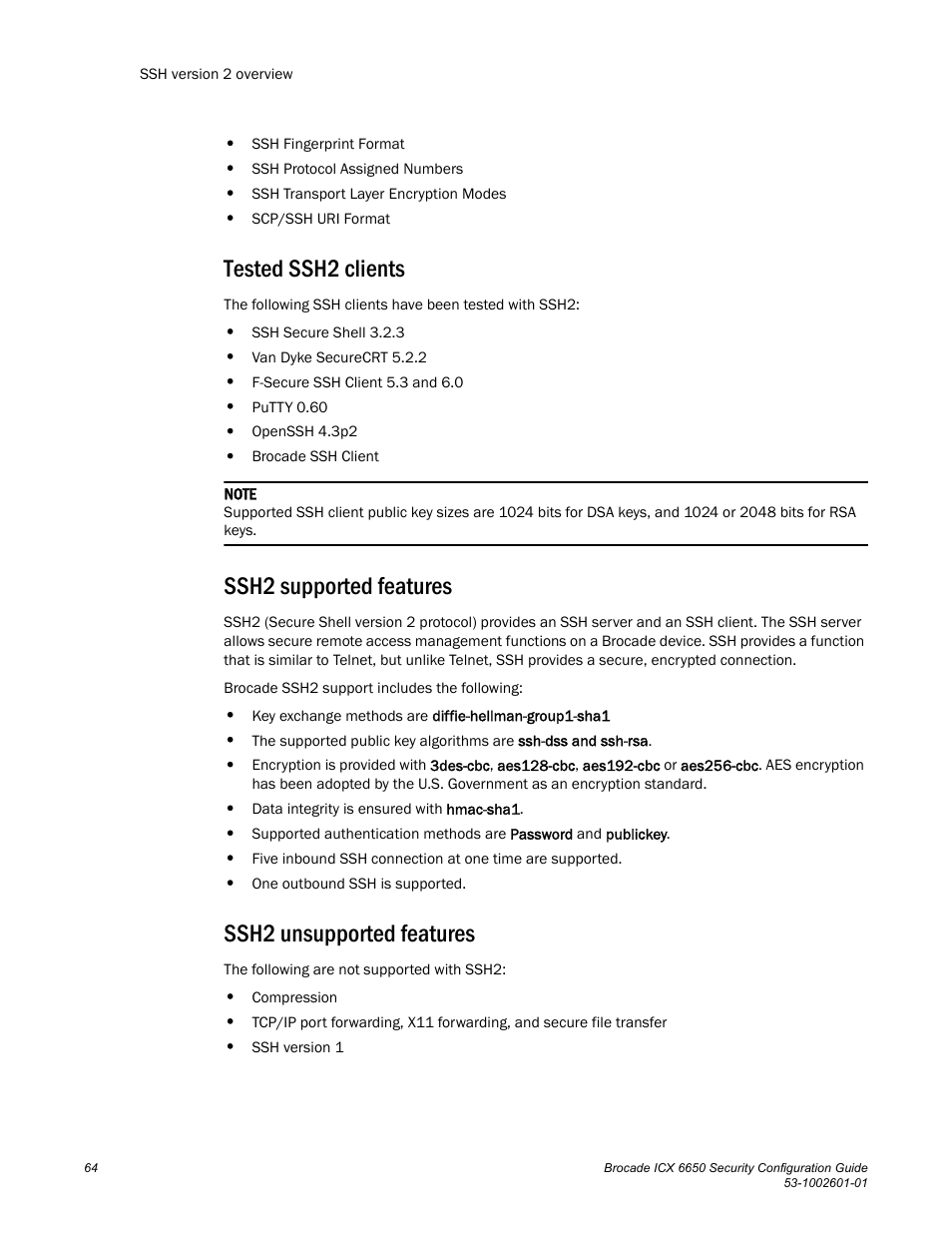 Tested ssh2 clients, Ssh2 supported features, Ssh2 unsupported features | Brocade Communications Systems Brocade ICX 6650 6650 User Manual | Page 84 / 332